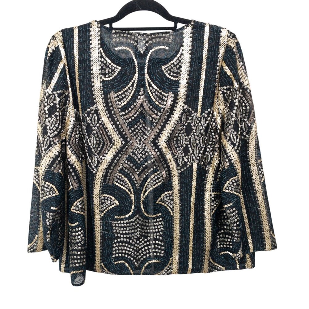 Chico's Sheer Open Jacket Travelers Collection Gold Black Geometric SZ L Sequin - Picture 3 of 11